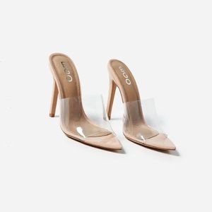 Ego Shoes. KILO PEEP TOE PERSPEX CLEAR HEEL MULE IN NUDE PATENT